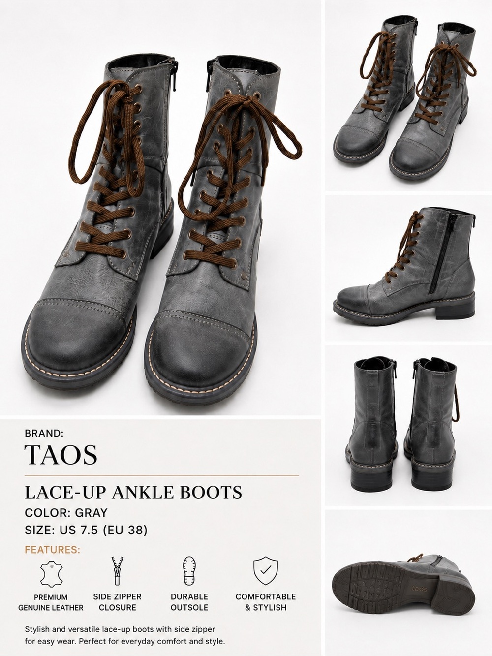 Taos Crave Leather Combat Boots Classic Steel Gray Size 38 US 7.5
